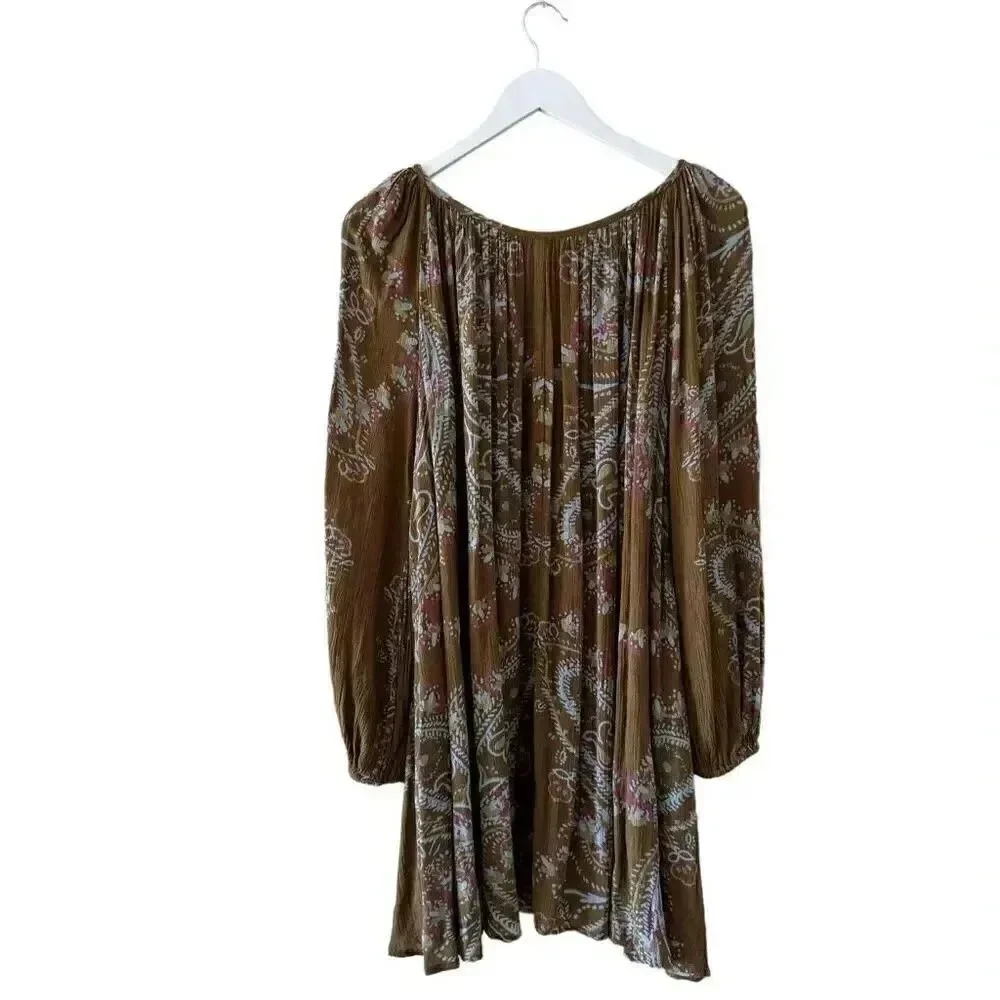 Free People  Brown green hippie babydoll peasant dress balloon sleeves S #1993